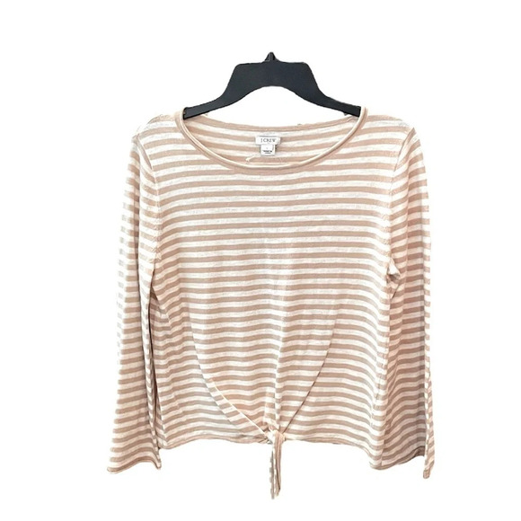 NWT J.Crew Factory women’s tie front long sleeve sweater SZ S tan white stripe - Picture 1 of 10